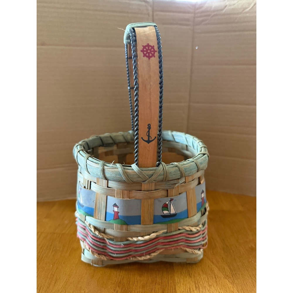 Nautical Woven Splint Basket Hand Painted Lighthouse Sailboat Anchor Decor